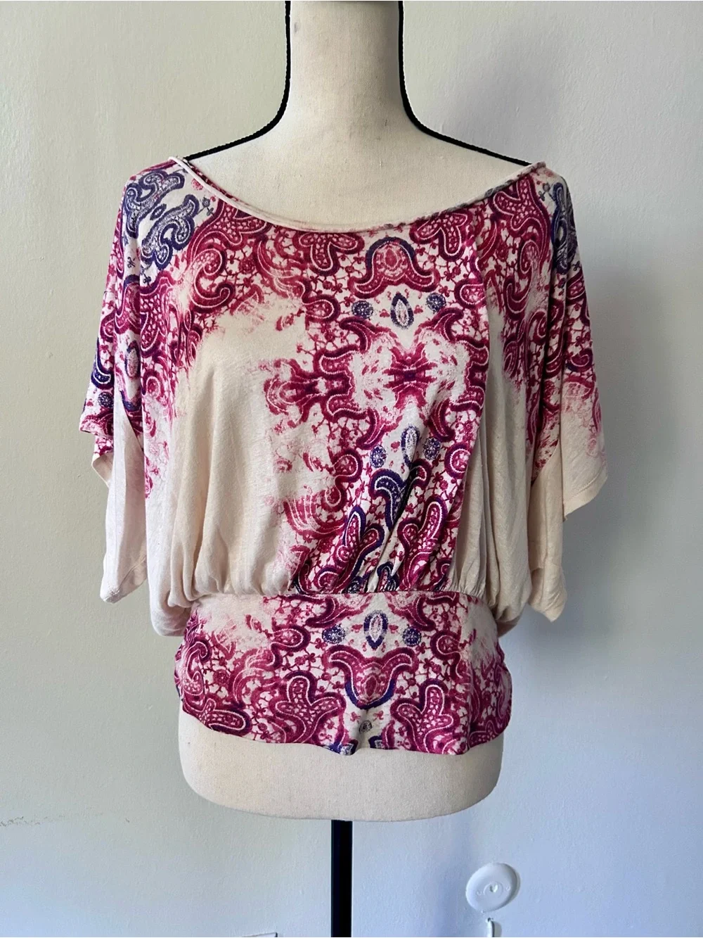 Free People Boho Cream Tunic Magenta Paisley Print M Fairycore Country Top